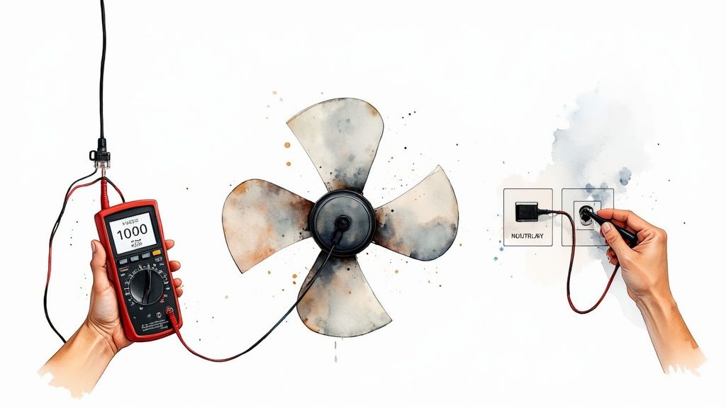 A person is using a multimeter to test an electrical fan connected to a wall outlet.