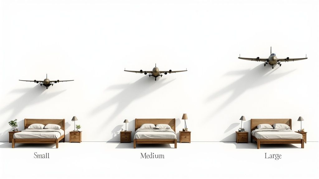 Three minimalist bedrooms, each with a bed, nightstands, and a model airplane above demonstrating size categories.