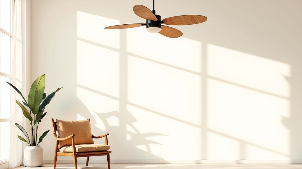 A stylish bamboo ceiling fan in a modern living room
