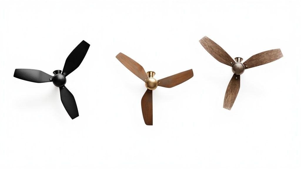 Three modern three-blade ceiling fans in black, wood, and weathered wood finishes on a white background.