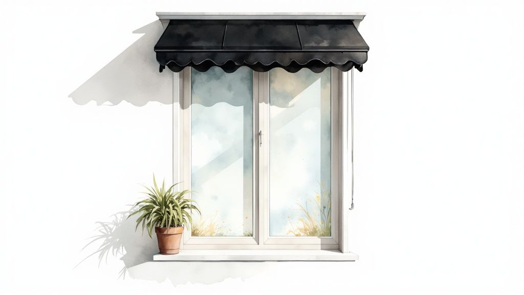 A minimalist watercolor illustration of a window with a black awning, a plant, and sky reflection.