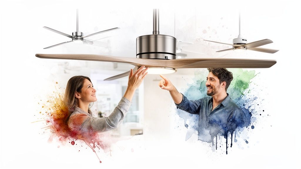 Happy man and woman reaching for a stylish ceiling fan with integrated light.