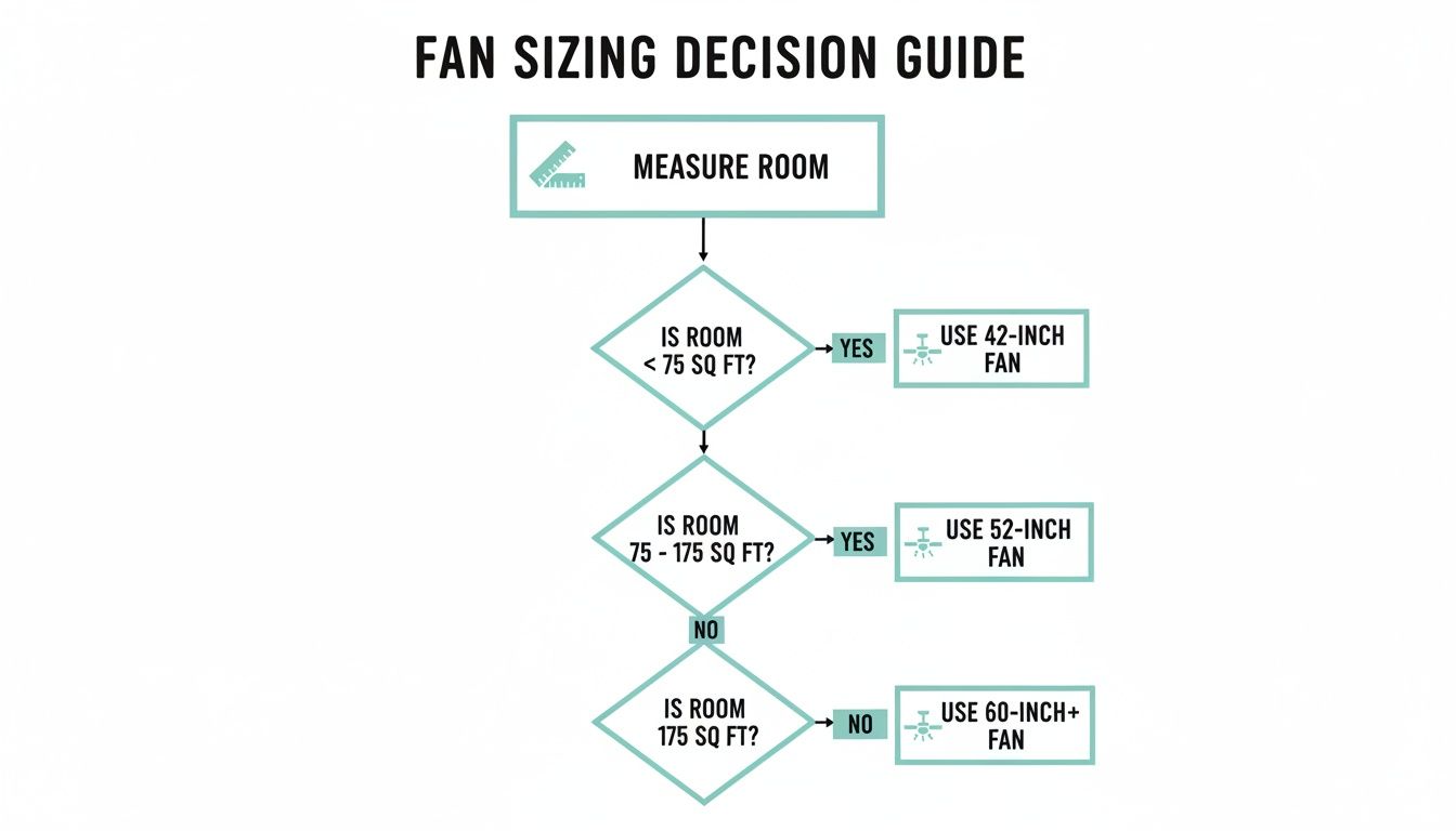 Flowchart illustrating a fan sizing decision guide based on room square footage, recommending 42, 52, or 60-inch+ fans.