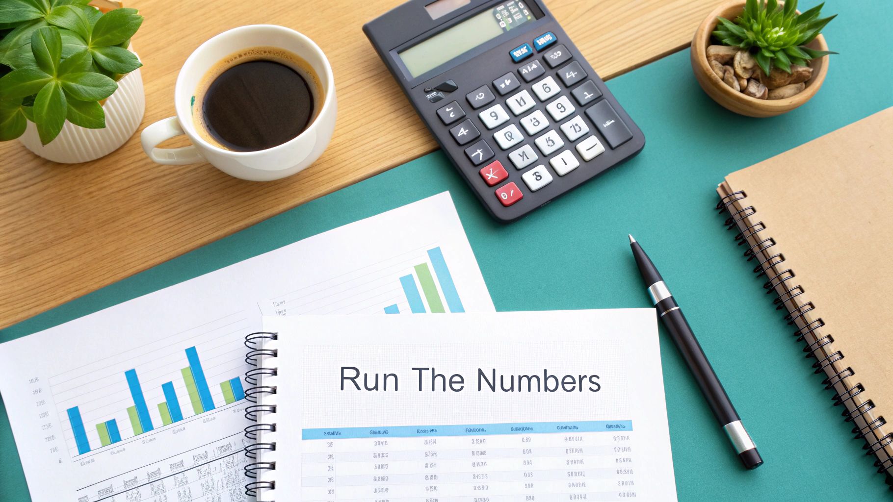 A flat lay of a desk with a calculator, coffee, documents, and a pen for financial analysis.
