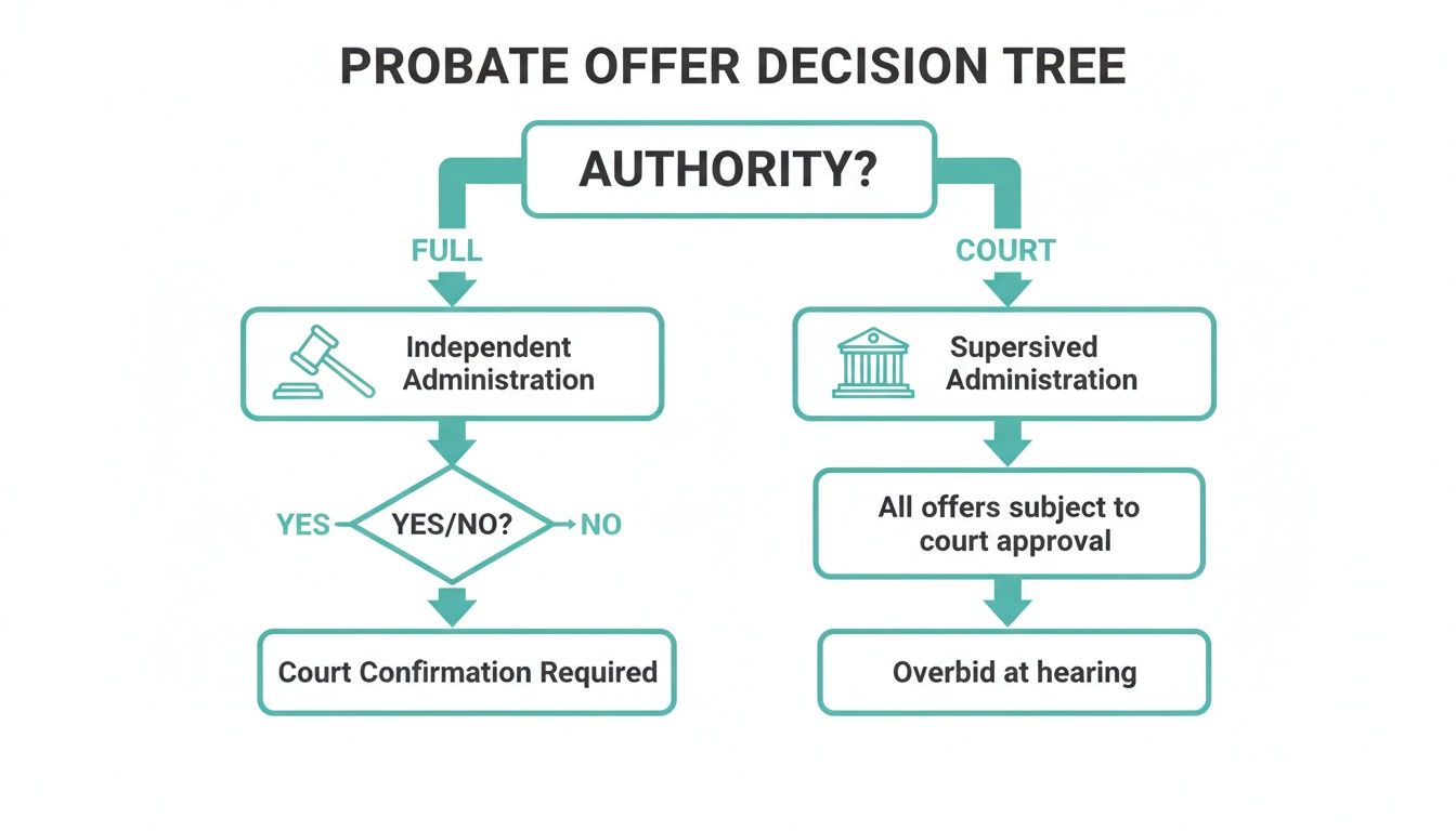 A flowchart illustrating the probate offer decision tree with full and court authority paths.