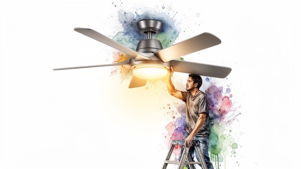 A man on a ladder installs a modern ceiling fan with a bright light against a watercolor background.