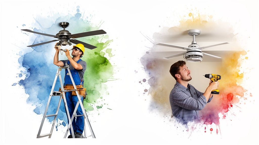 Two men installing and repairing ceiling fans, surrounded by vibrant watercolor paint splashes.