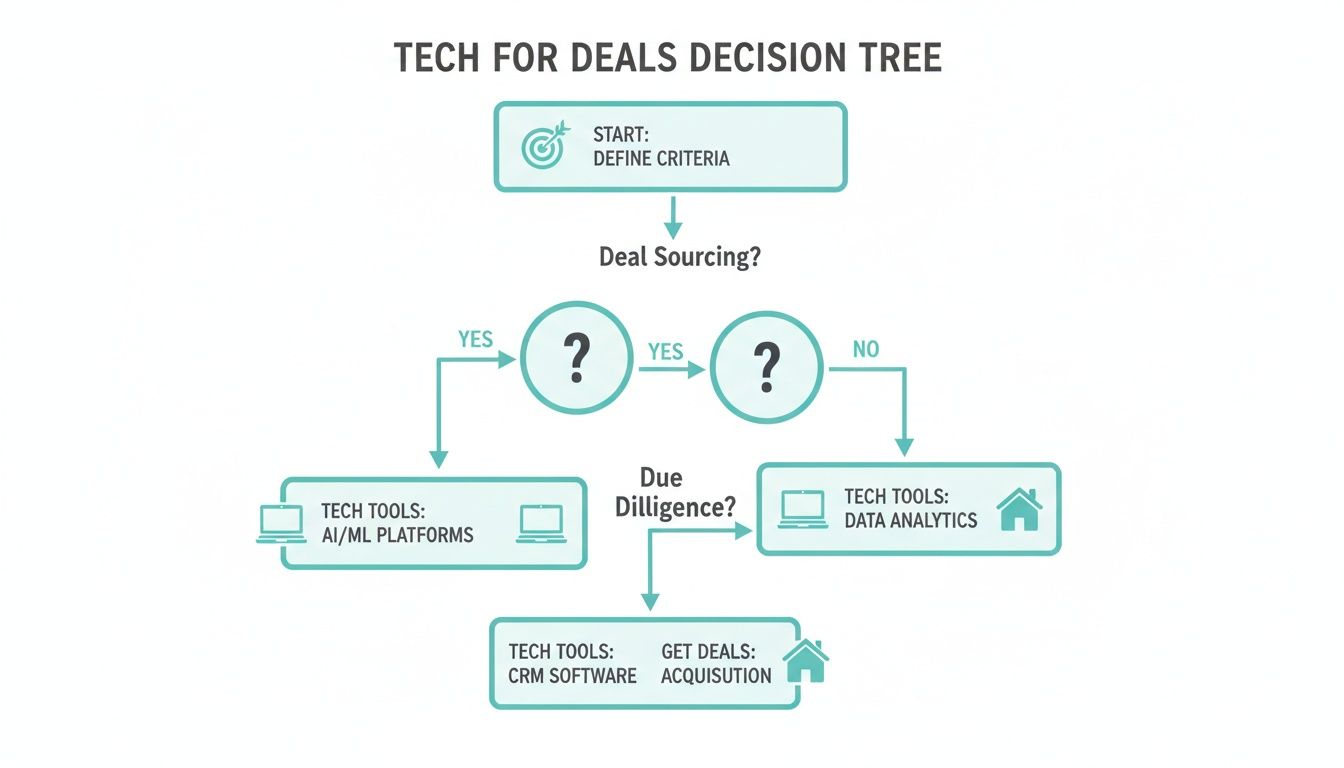 Flowchart illustrating the 'Tech for Deals Decision Tree' with steps for defining criteria, deal sourcing, due diligence, and suggested tech tools like AI/ML platforms, data analytics, and CRM software.