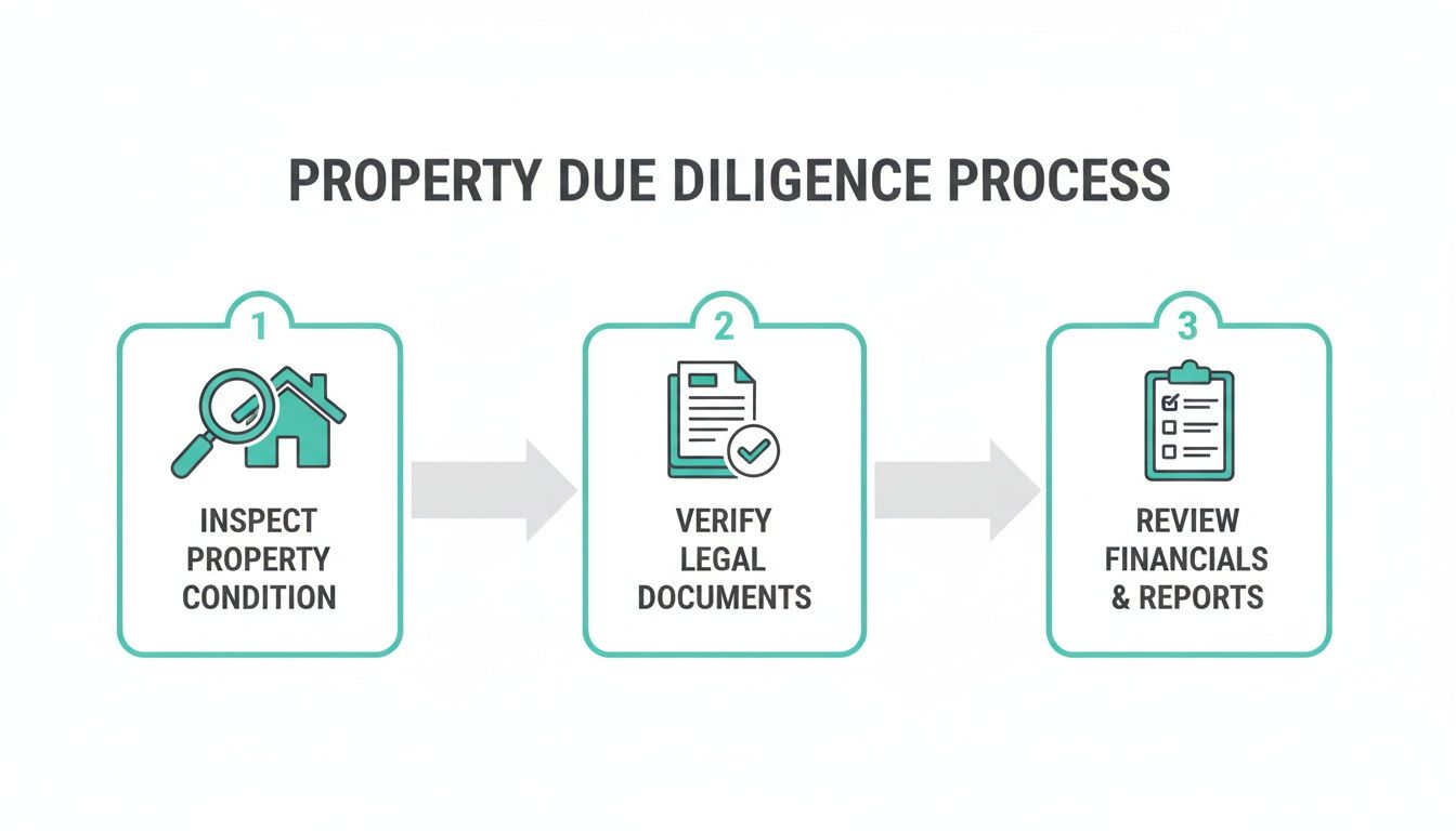 Flowchart showing the 3-step property due diligence process: inspect, verify legal documents, and review financials.