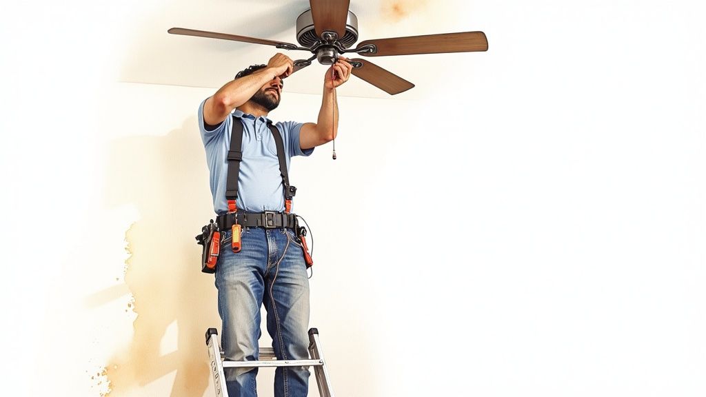 A man on a ladder installs a light kit on a wooden ceiling fan, surrounded by water stains.