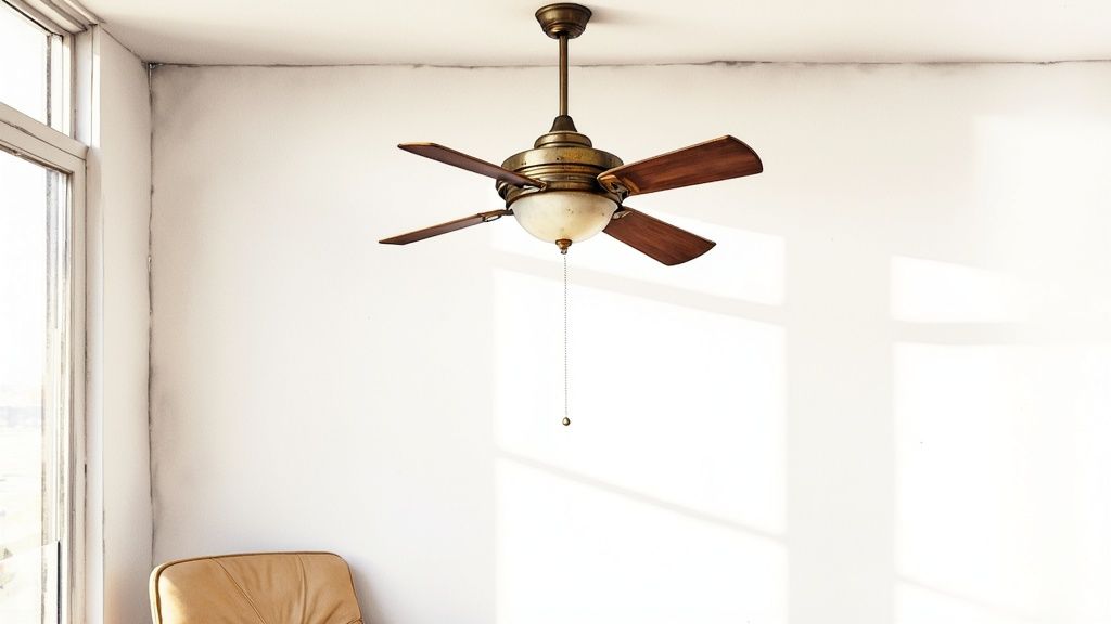 A classic vintage style ceiling fan with dark wood blades and an ornate bronze motor housing, installed in a room with warm, ambient lighting.