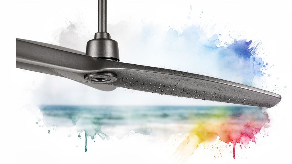 Sleek gray outdoor ceiling fan blade covered in water droplets over a vibrant watercolor ocean scene.