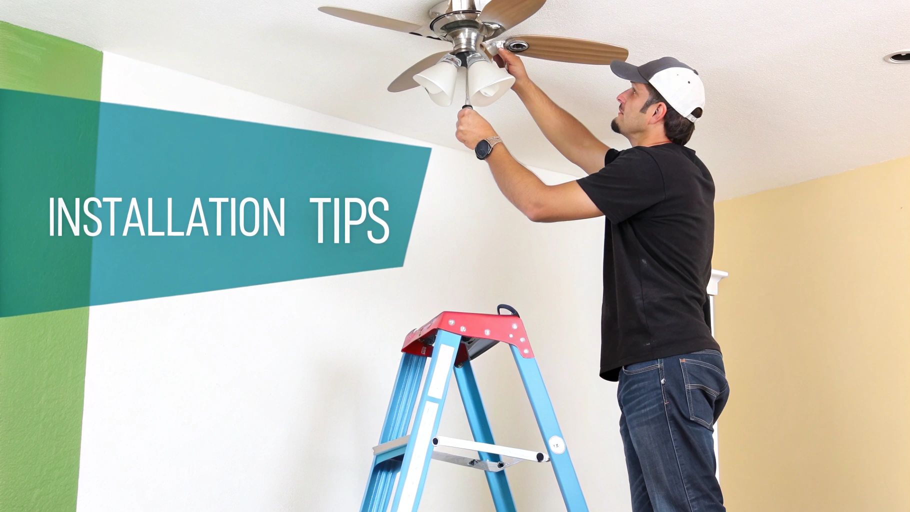A man on a ladder installing a ceiling fan with a screwdriver, featuring 'INSTALLATION TIPS'.