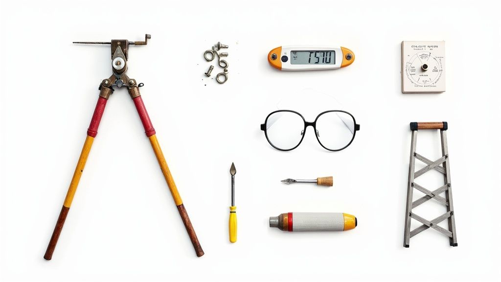 Flat lay of various tools and equipment including compass, digital timer, glasses, and ladder on white background