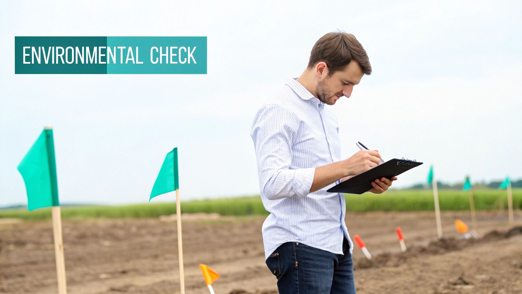 A man performs an environmental check in a field marked with flags, writing on a clipboard.