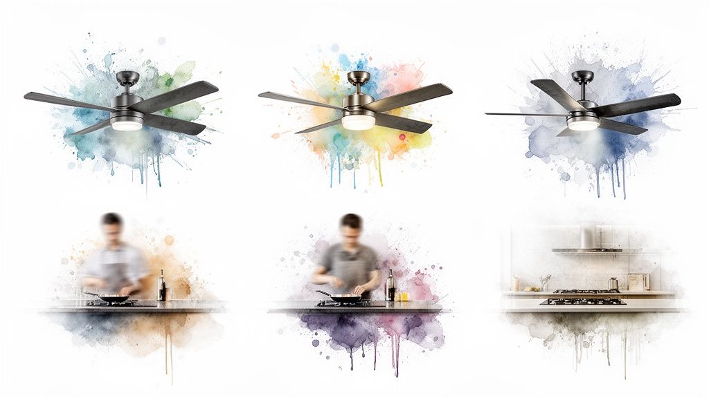 Three elegant ceiling fans with lights, artistically displayed over various kitchen scenes.