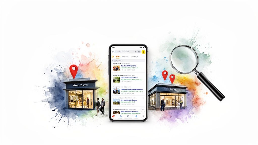 A smartphone displaying local search results, flanked by two storefronts with map pins and a magnifying glass.