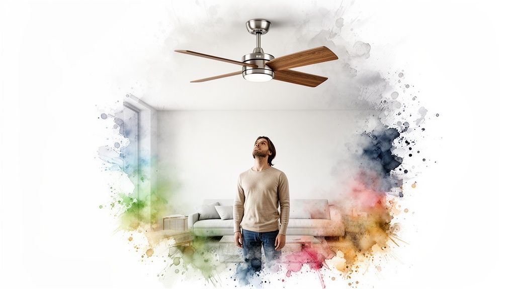 A modern ceiling fan with three wooden blades spinning in a bright, stylish living room.