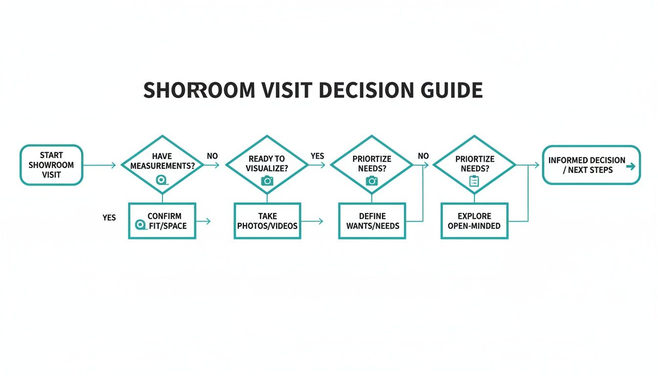 Flowchart illustrating a showroom visit decision guide, covering measurements, visualization, and needs prioritization.