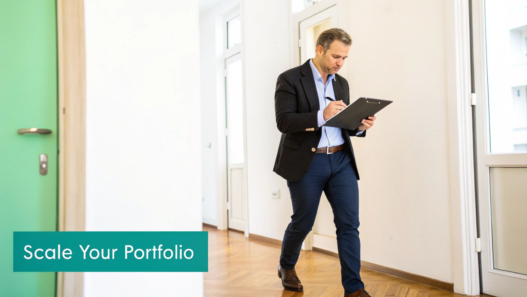A male real estate professional inspects a property, taking notes on a clipboard, with 'Scale Your Portfolio' text overlay.