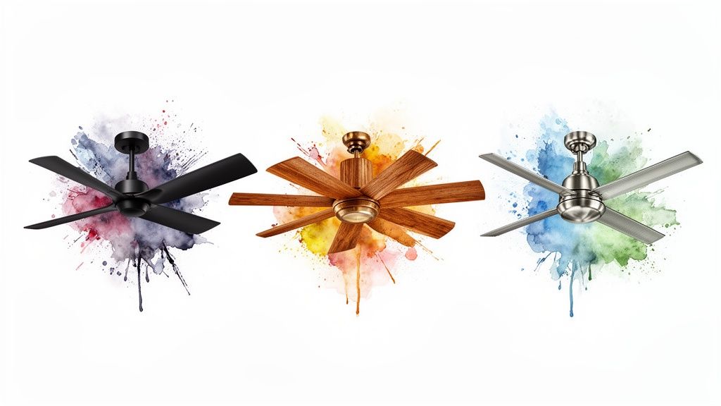 Stylish ceiling fans in different finishes, black, wood, and brushed metal, with colorful splashes.