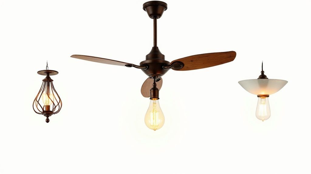 A rustic farmhouse ceiling fan with a prominent caged light fixture hanging in a cozy living room.