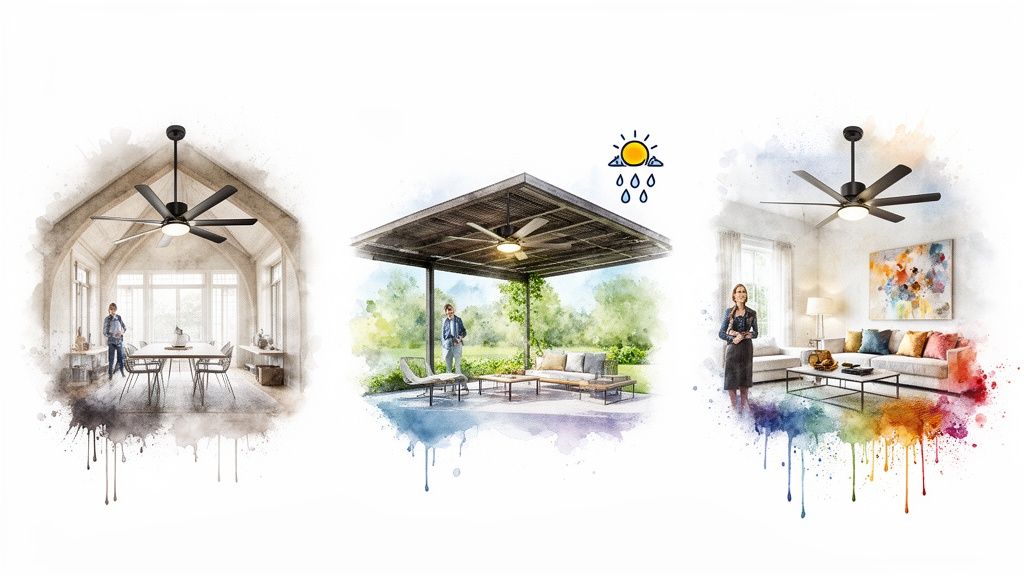 Three watercolor illustrations show ceiling fans in different settings: a dining room, an outdoor patio, and a living room.