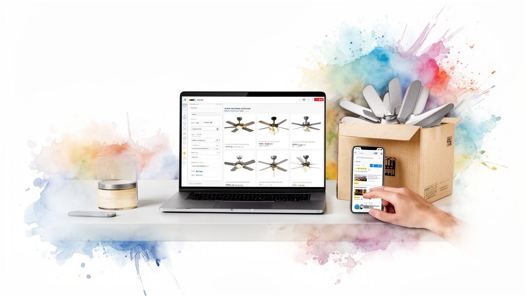 A person shops online for ceiling fans using a laptop and smartphone, with a delivered fan box.
