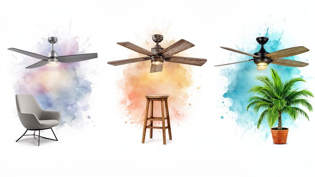 Three distinct ceiling fans with lights, one above an armchair, a stool, and a palm tree.