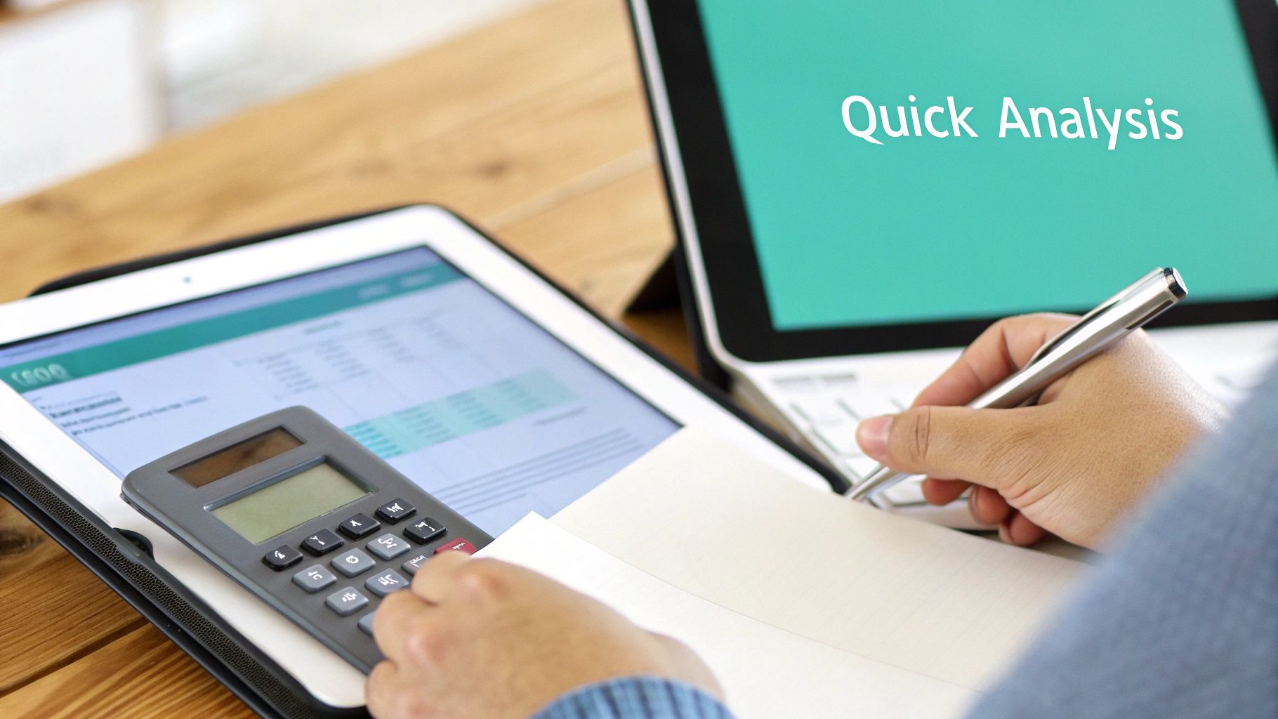 A person analyzes data using a calculator, tablet with a spreadsheet, and a laptop showing 'Quick Analysis'.