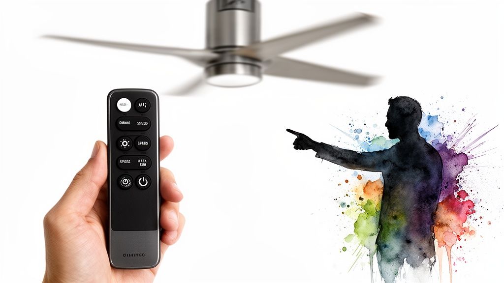 A hand holds a modern black remote control, pointing at a blurred ceiling fan, next to a colorful silhouette of a man.