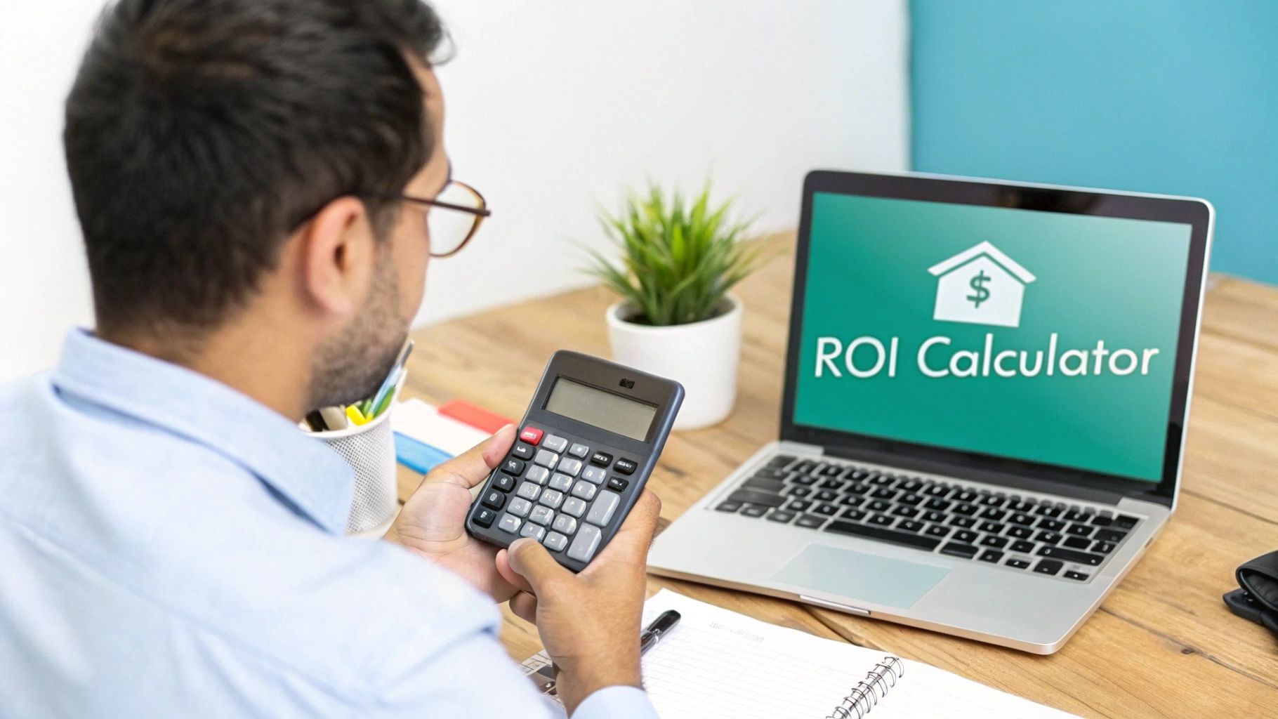 A man calculates using a calculator, looking at a laptop with an 'ROI Calculator' screen for real estate.