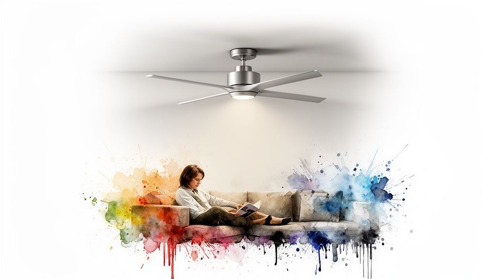 A sleek silver ceiling fan illuminates a person reading on a colorful, artistic sofa.