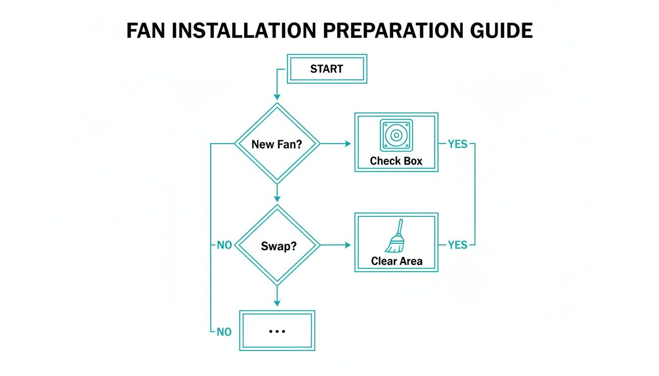 Flowchart guiding users through the preparation steps for fan installation, including checking boxes and clearing areas.