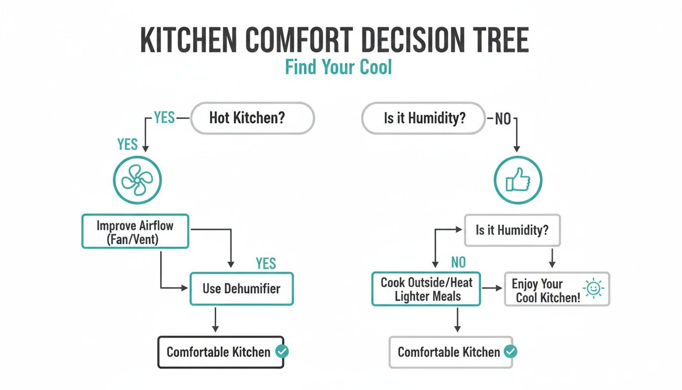 Decision tree flowchart showing steps to achieve a comfortable kitchen by addressing heat, humidity, and airflow.