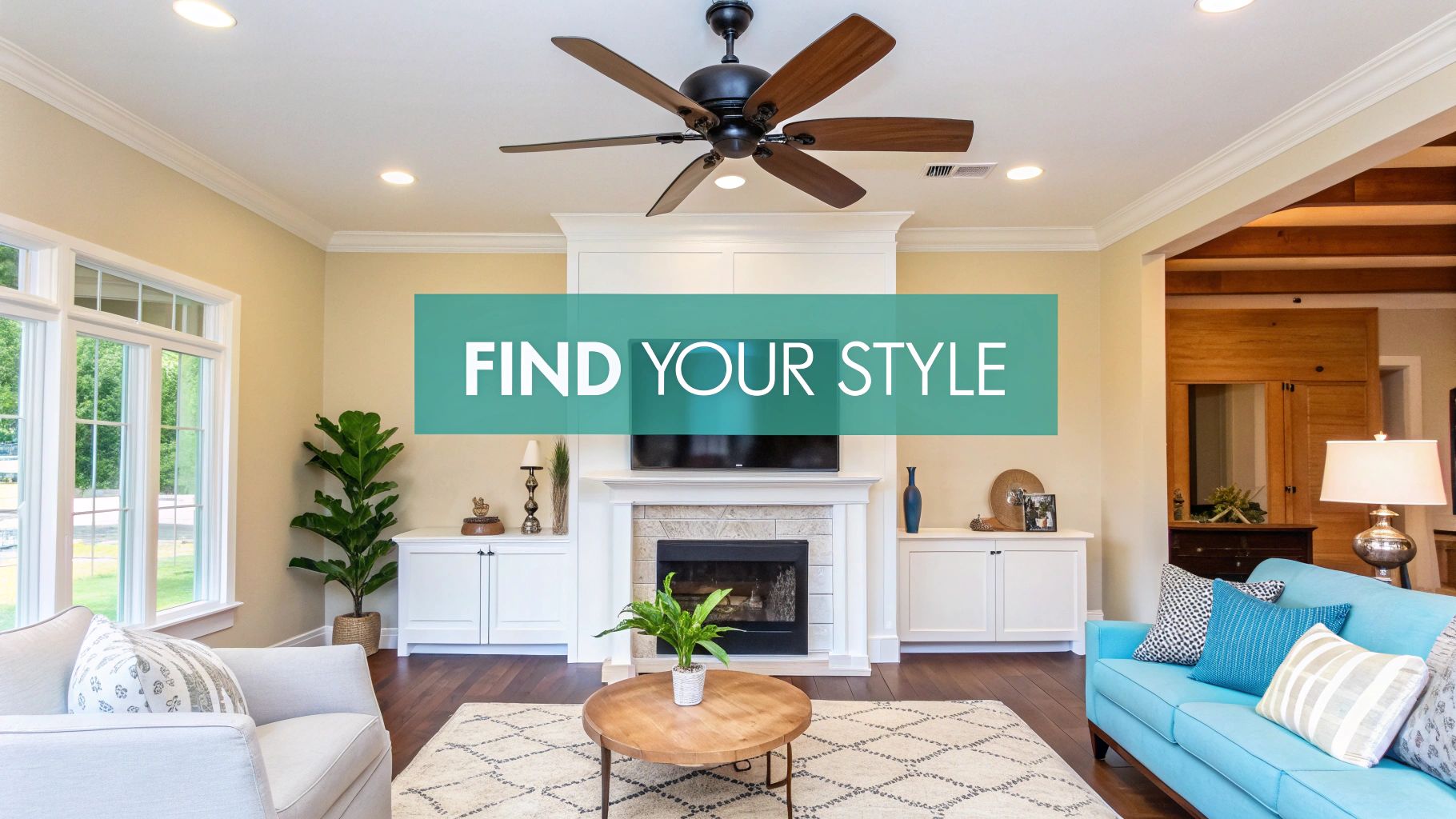 A bright and modern living room featuring a ceiling fan, fireplace, and stylish furniture.