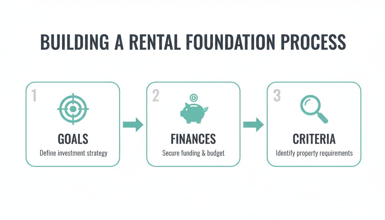 Infographic detailing three steps for building a rental property foundation: goals, finances, and criteria.