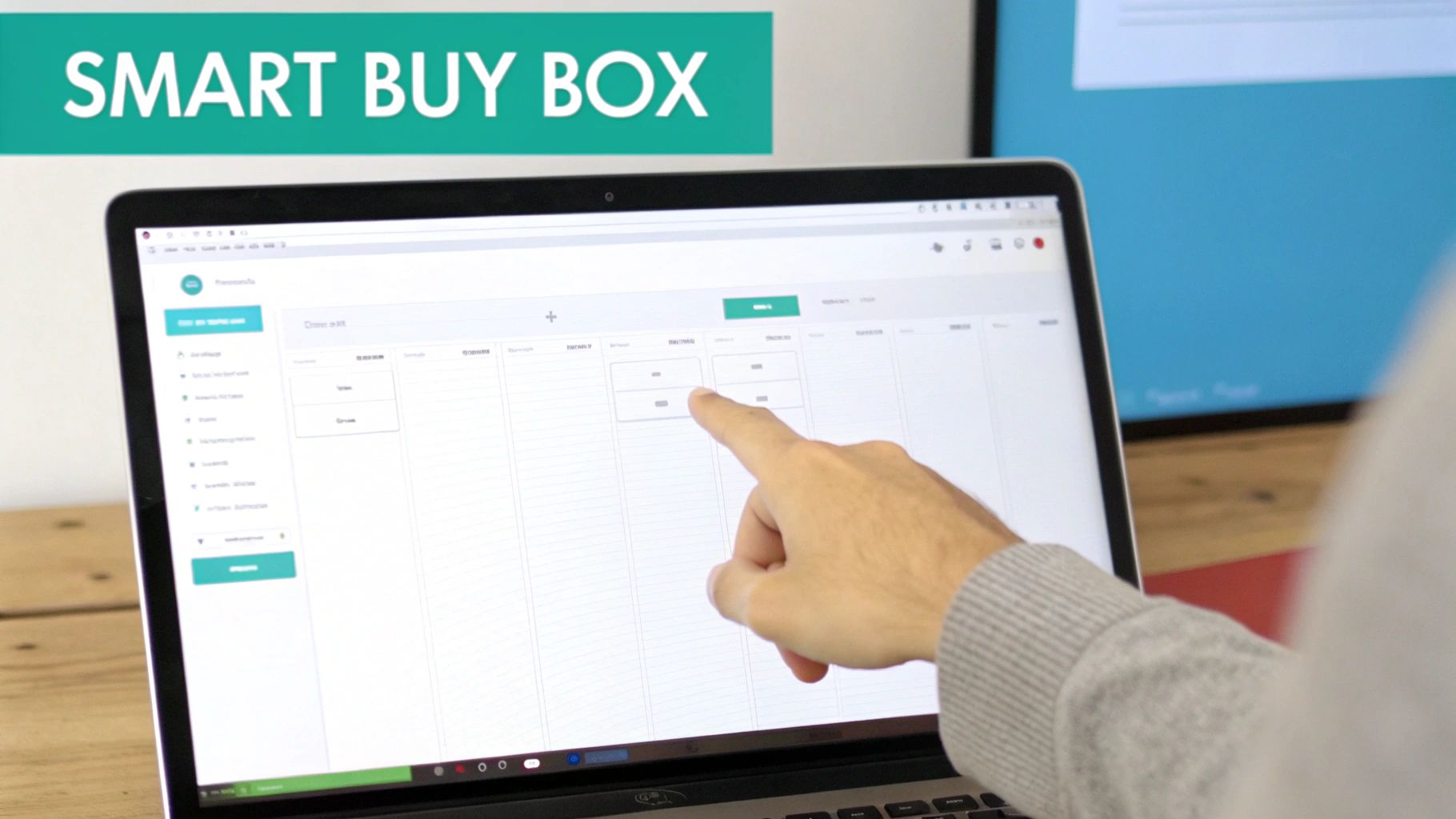 A person's hand points at a laptop displaying a grid interface for 'SMART BUY BOX' management.