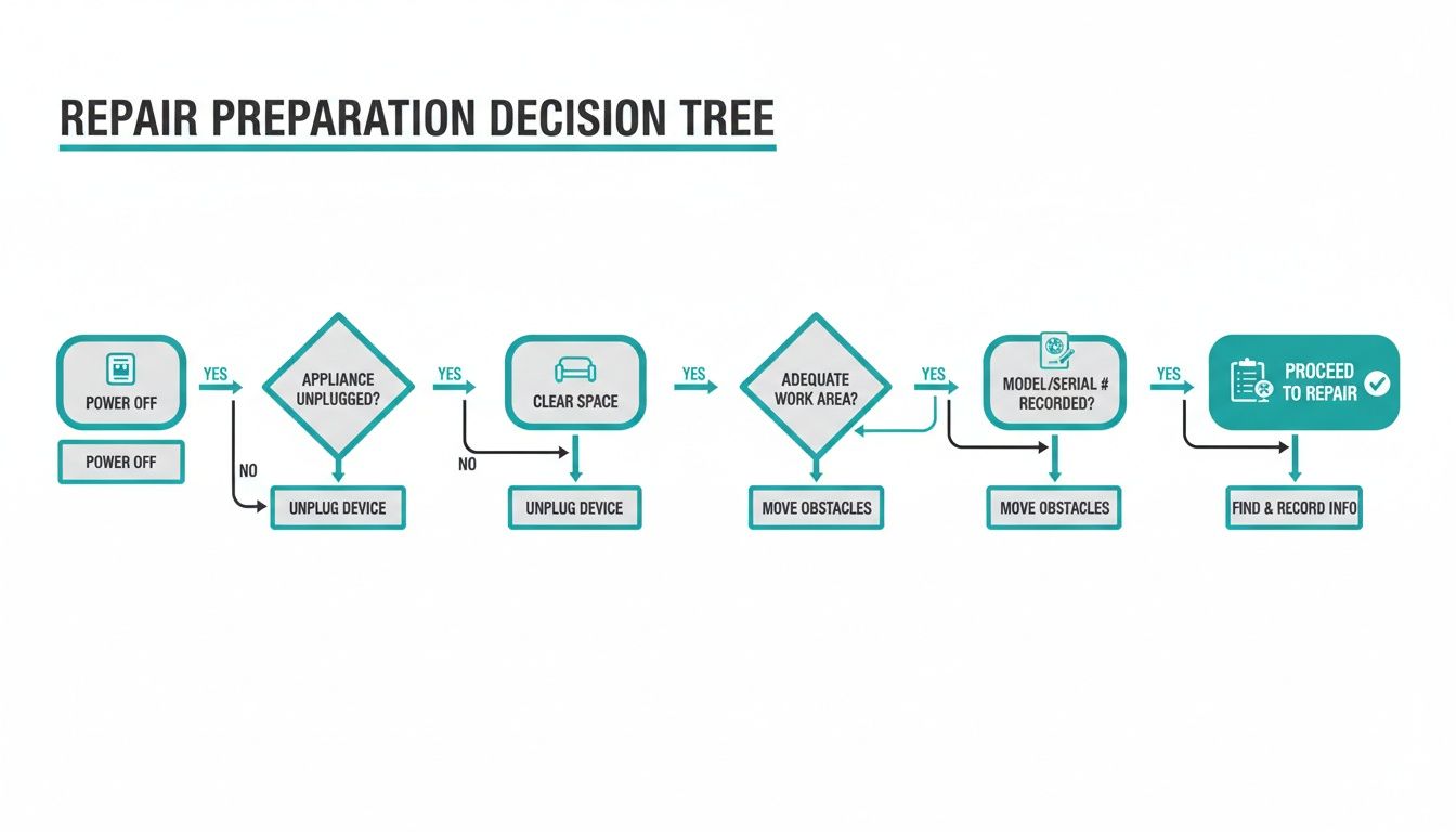 Flowchart showing steps to prepare for an appliance repair, including power off and unplugging.