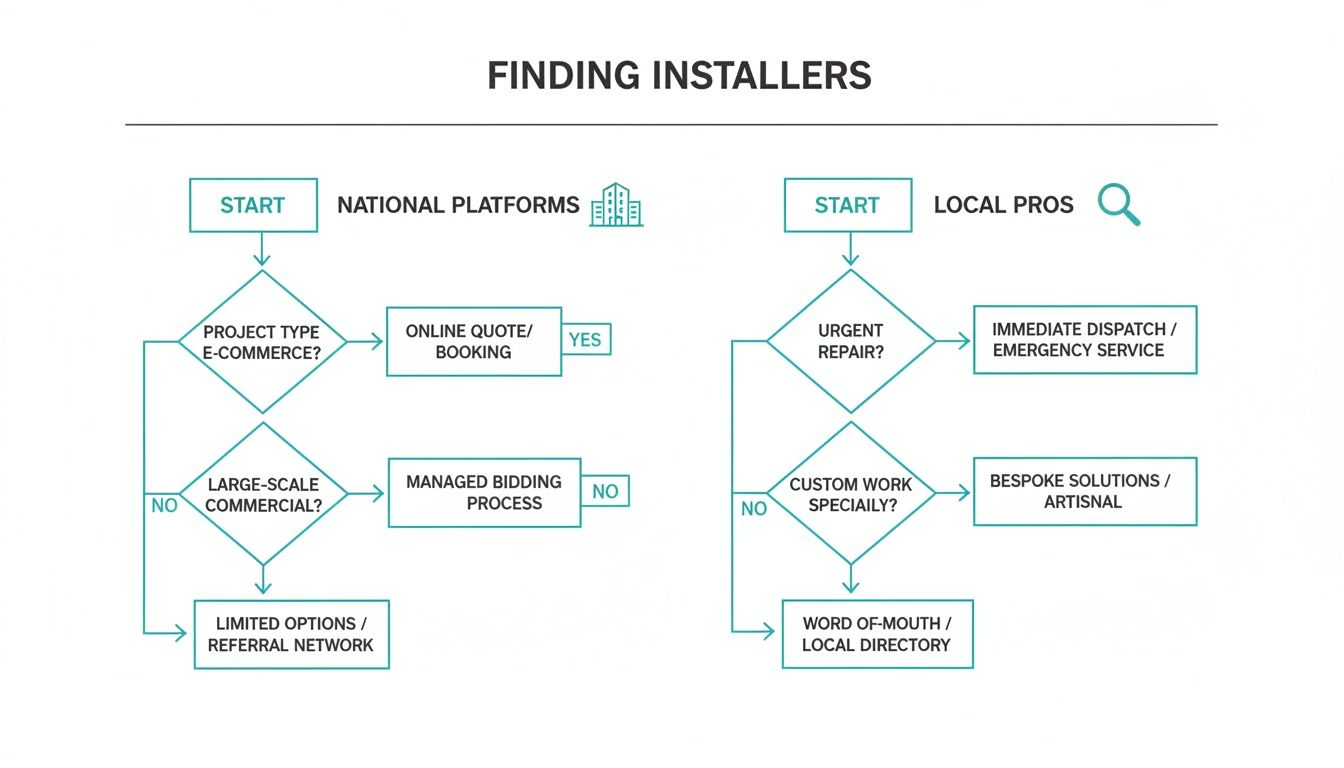 Flowchart detailing two paths for finding installers: National Platforms and Local Pros, based on project needs.