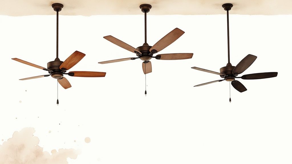 Three dark bronze ceiling fans with wooden blades hanging from a white ceiling.