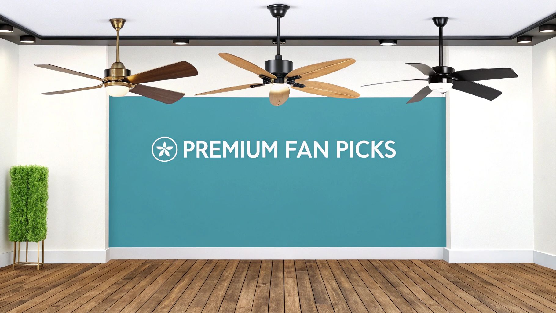 A sleek ceiling fan with dark wood blades hangs in a modern living room with large windows.