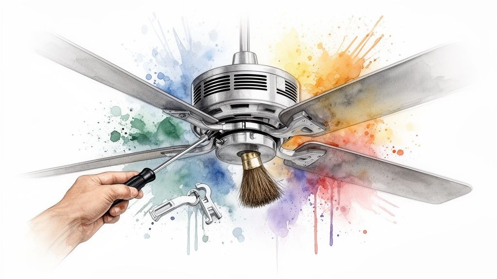 A vibrant illustration depicting the maintenance of a ceiling fan with tools and colorful paint splatters.