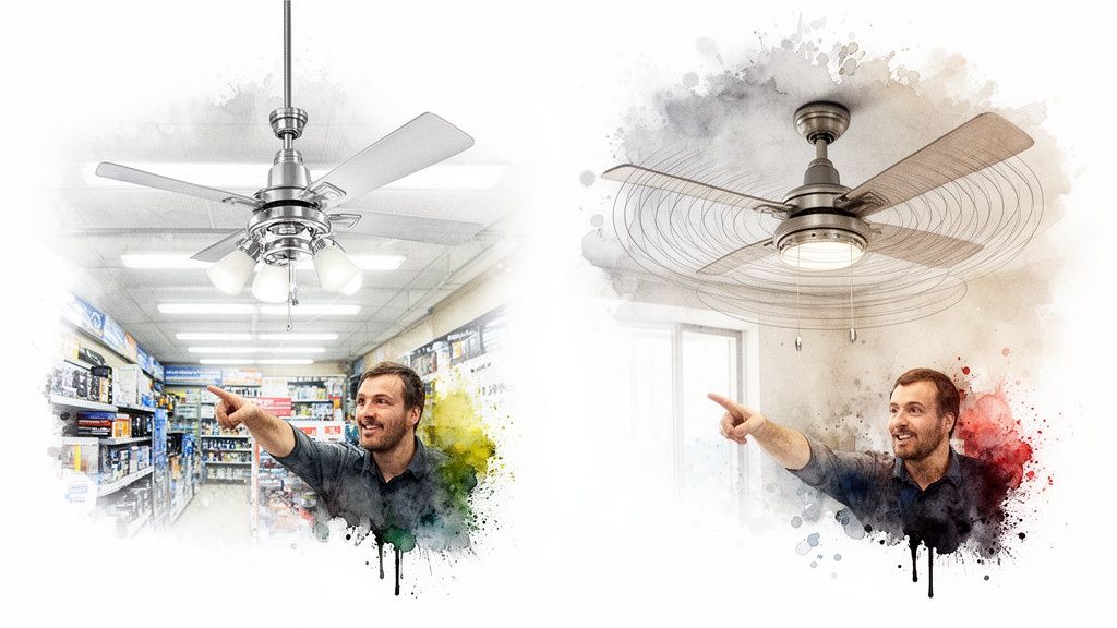 Two men pointing at different ceiling fans, one in a store and one in a home.