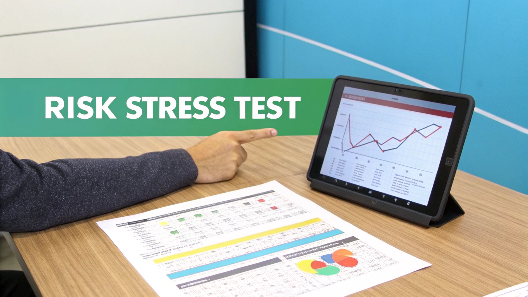A hand points to a tablet displaying a financial graph, with a 'Risk Stress Test' banner.