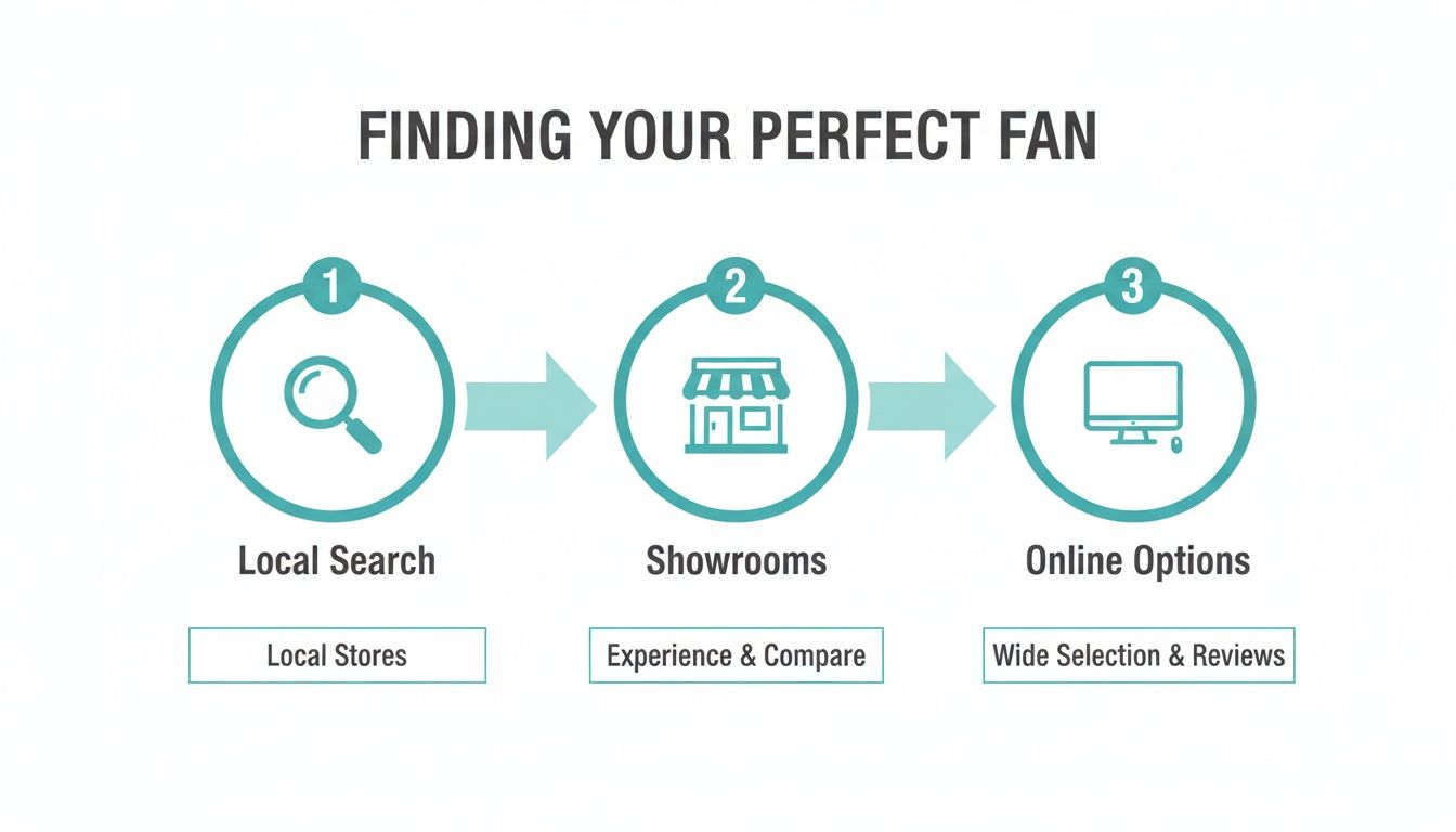 Infographic detailing three steps to find a perfect fan: local search, showrooms, and online options.