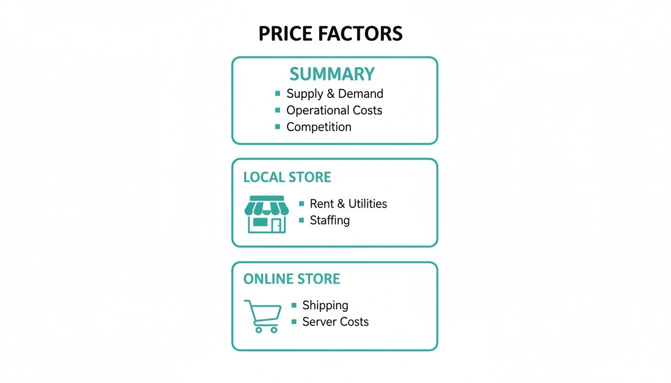 Diagram illustrating key price factors including supply, demand, operational costs, and specific expenses for local and online stores.