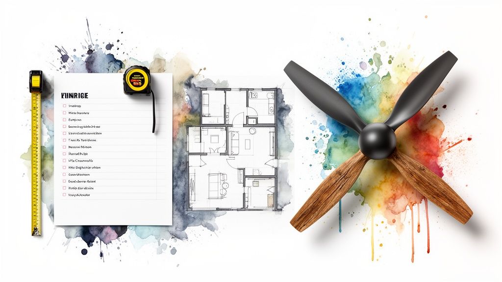 A blueprint, a checklist with measuring tapes, and a propeller on watercolor splashes representing design and planning.