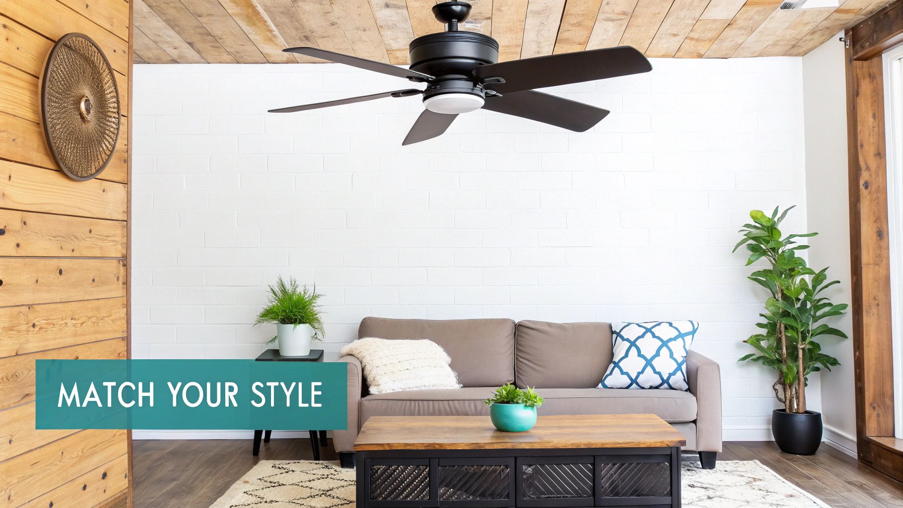 A modern living room with a sleek ceiling fan featuring light wood blades.
