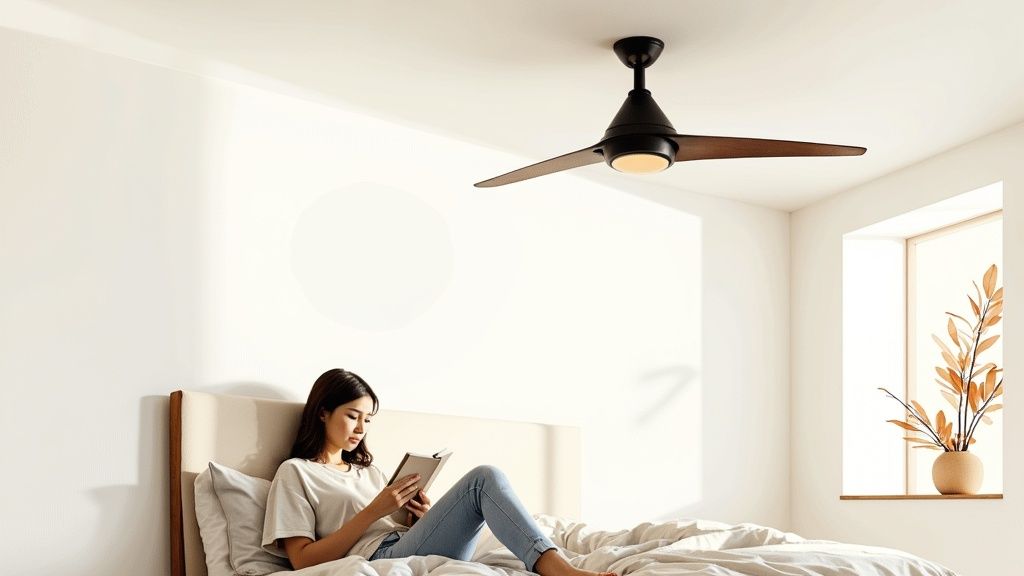 A woman relaxing in bed reading a book with a modern black ceiling fan overhead.